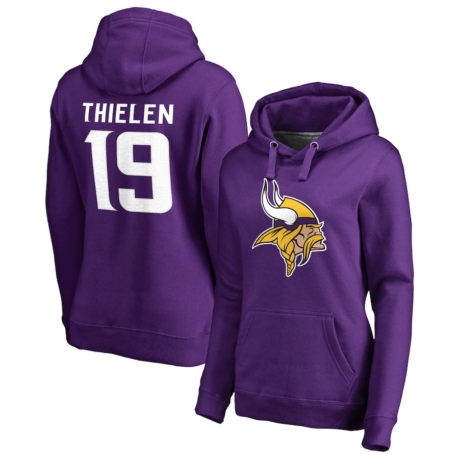 Women Minnesota Vikings #19 Adam Thielen NFL Pro Line by Fanatics Branded Purple Player Icon Name & Number Pullover Hoodie->women nfl jersey->Women Jersey